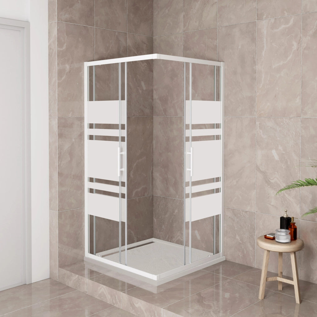 185 cm Box Doccia Angolare 70x70 cm Porte Scorrevoli Vetro Temperato 5 mm Anticalcare Fascie in Serigrafato Telaio Bianco Opaco
