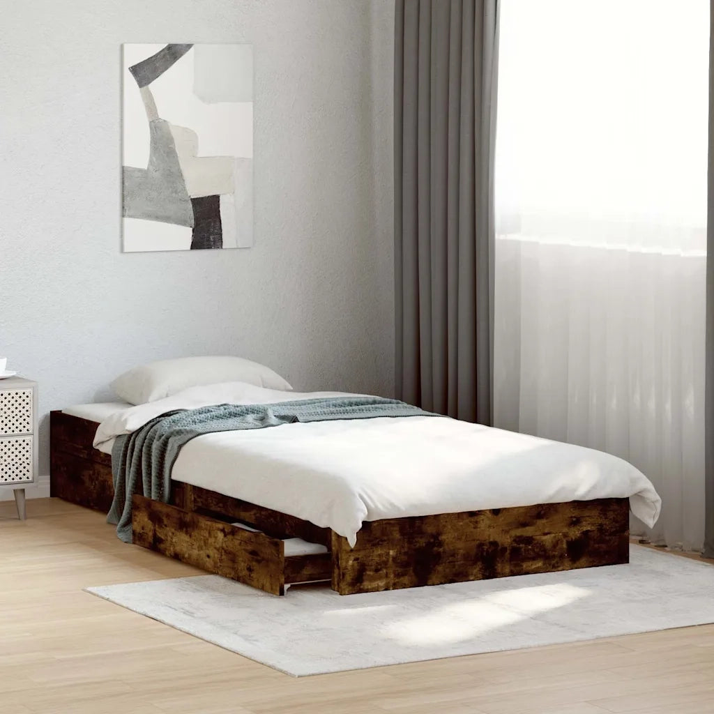 Letto singolo | Letto per adulti | Giroletto con Cassetti Rovere Fumo 90x190 cm Legno Multistrato