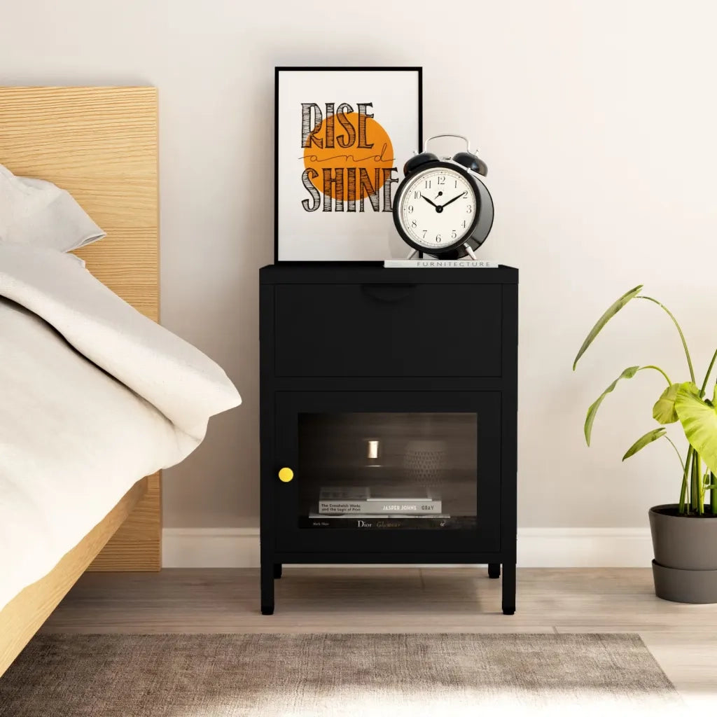 Comodino | Armadio da Notte | Mobiletto da notte Nero 40x30x54,5 cm in Acciaio e Vetro
