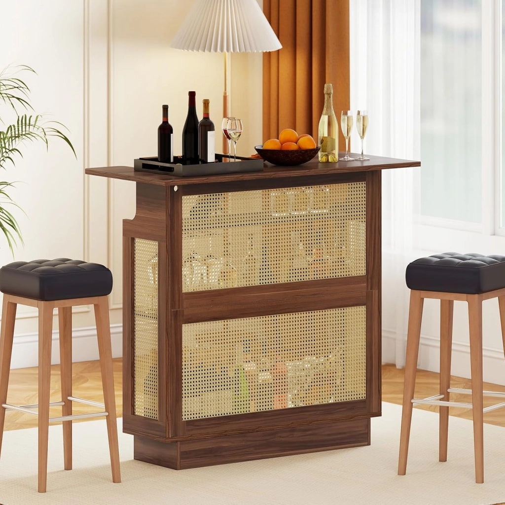 Tavolo da bar con deposito, tavolo alto da cucina con illuminazione a LED e superficie in rattan, bancone da cucina con 3 ripiani e portabicchieri, protezione antiribaltamento, 120x55x110 cm