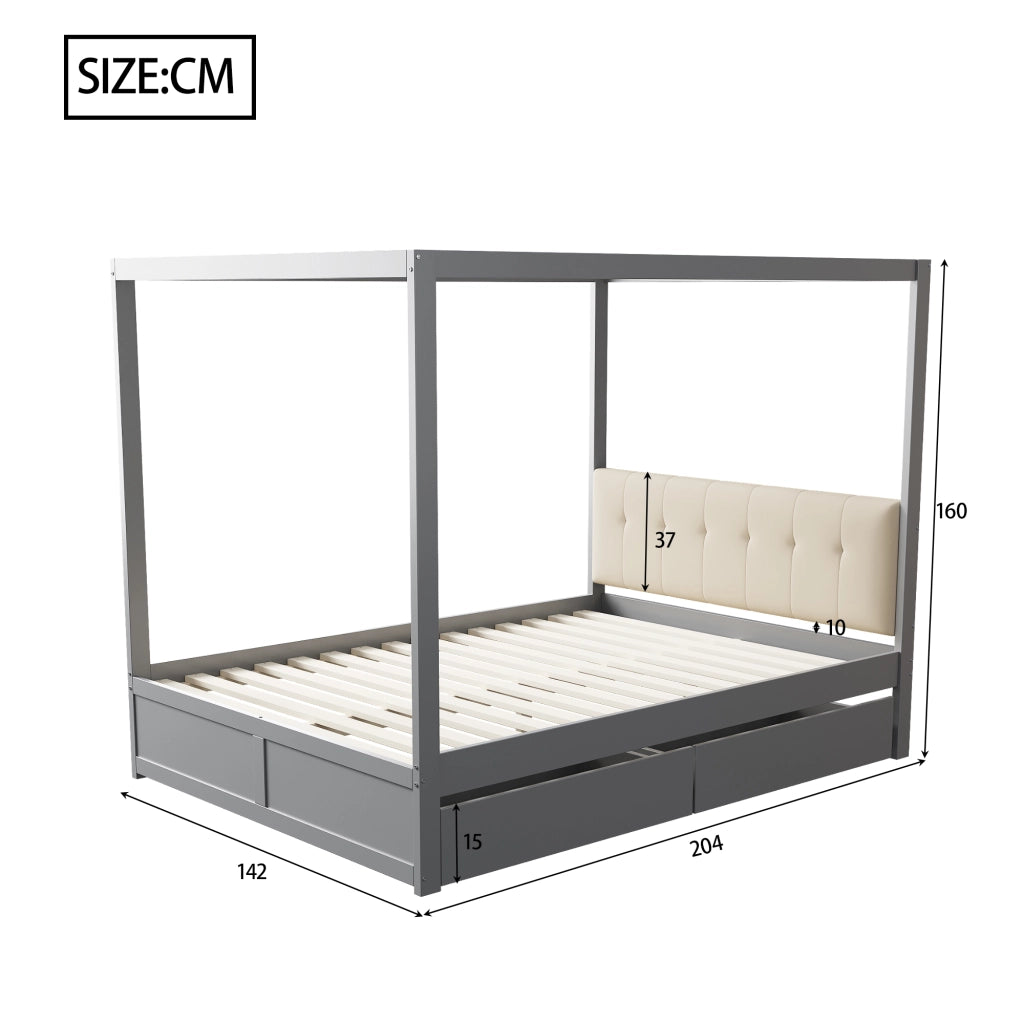 LETTO a tenda 140x200 cm con 2 cassetti e testiera imbottita grigio