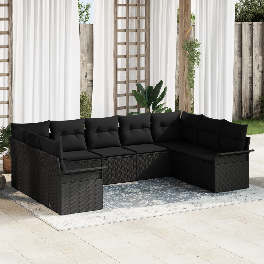 Set divani giardino con cuscini neri in polirattan