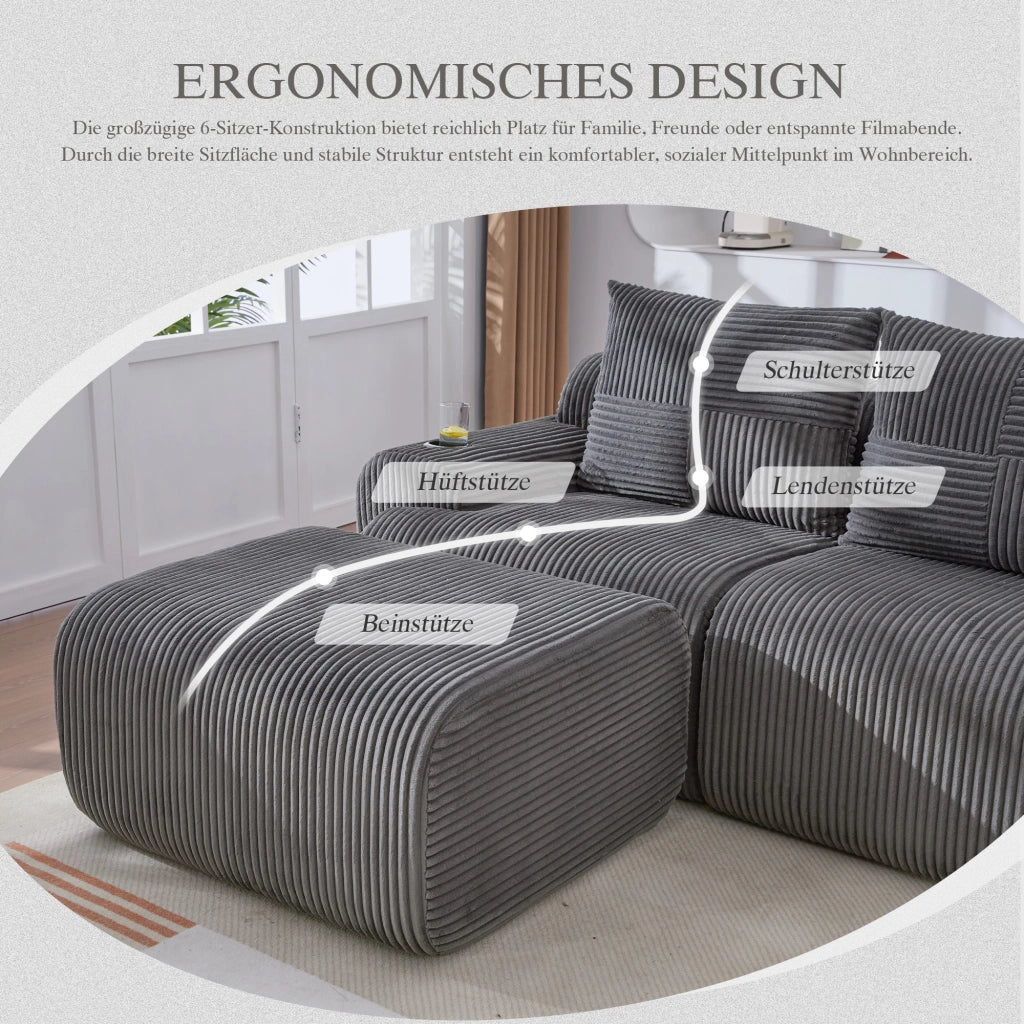 Divano modulare 2 posti in tessuto a coste con portabicchieri e tasca laterale grigio scuro 200 × 174 × 80 cm
