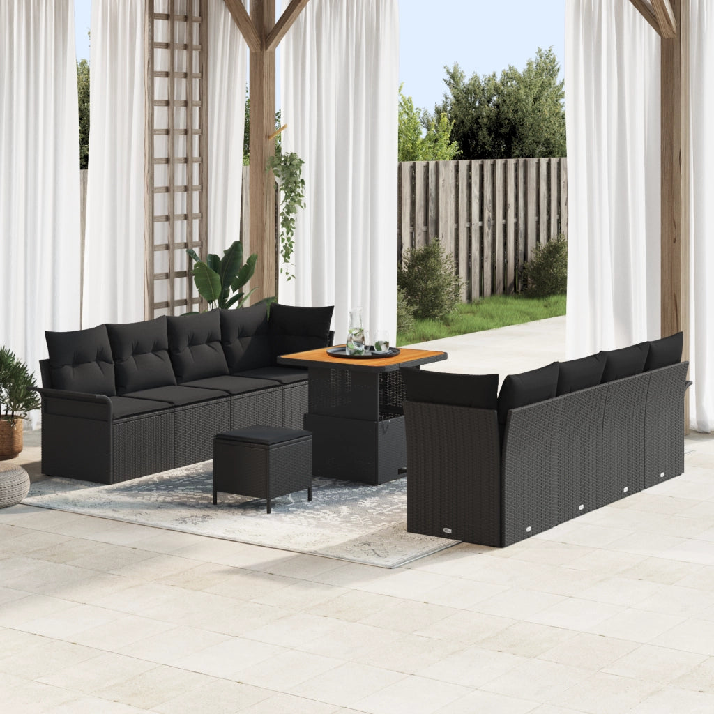 Set Divano da Giardino da 11 Pezzi con Cuscini Nero Polyrattan Acacia