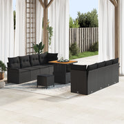 Set Divano da Giardino da 11 Pezzi con Cuscini Nero Polyrattan Acacia