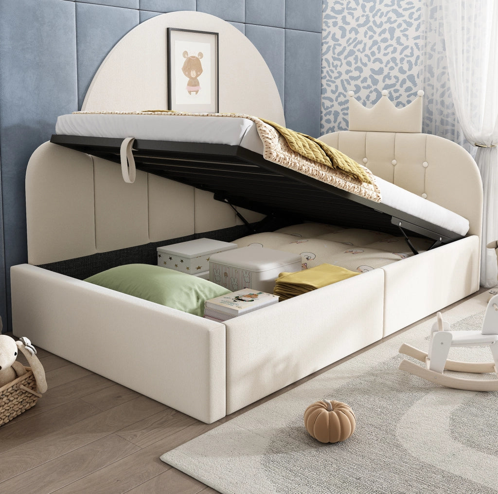 Letto daybed 90x190 cm in velluto beige con contenitore idraulico
