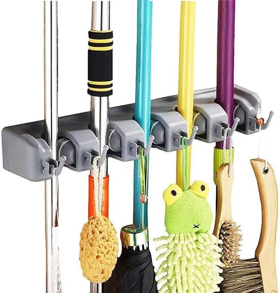 Supporto per scopa con 6 fessure e 5 ganci - Supporto per scopa per cucina giardino garage - riposo rastrello spazzola attrezzi.