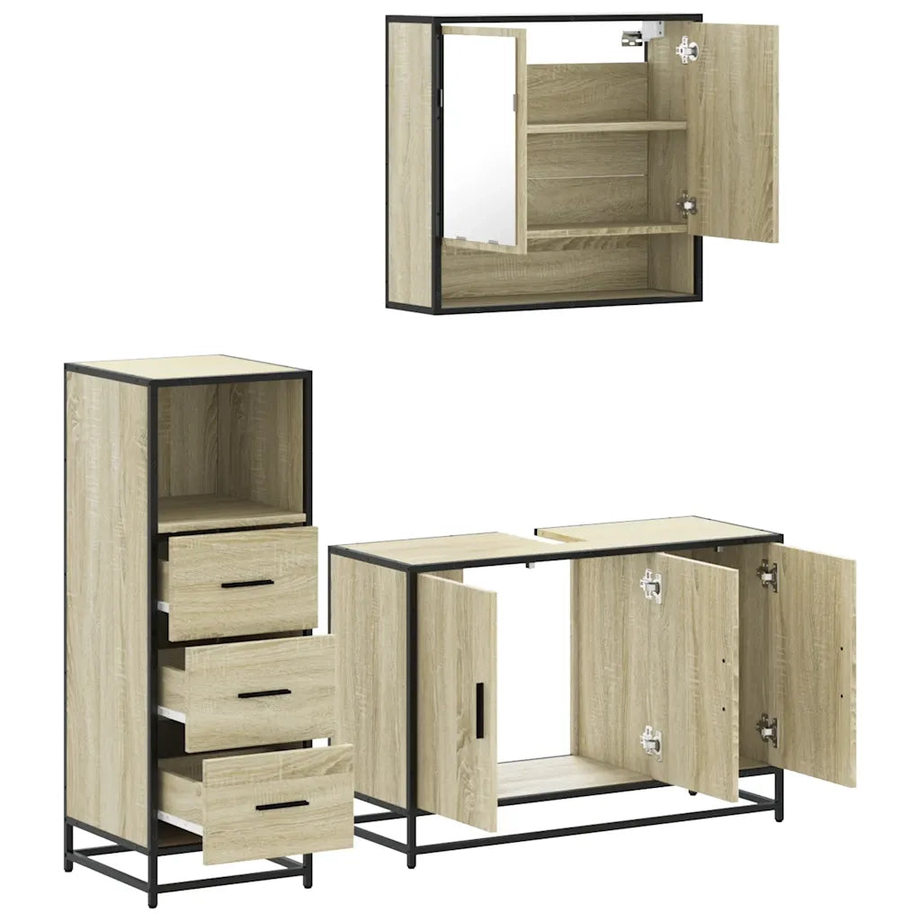 Set Mobili da Bagno | Armadio da bagno 3 pz Rovere Sonoma in Legno Multistrato