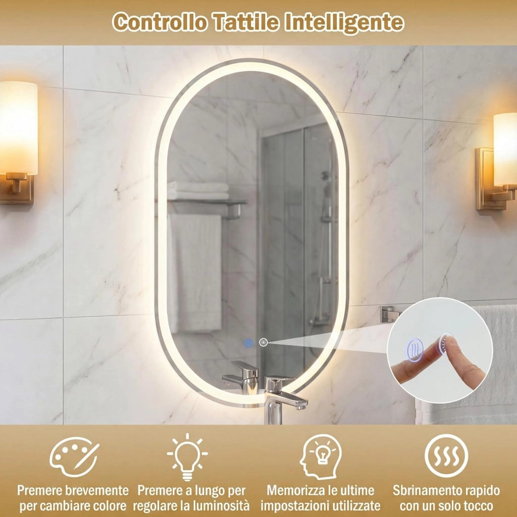 Specchio Bagno con Luce 80 x 50 cm, Specchio Ovale da Parete in Vetro Temperato IP44 con 3 Colori Dimmerabile, Antiappannamento, Memoria, Orizzontale/Verticale (80 x 50 cm, Modello 2)