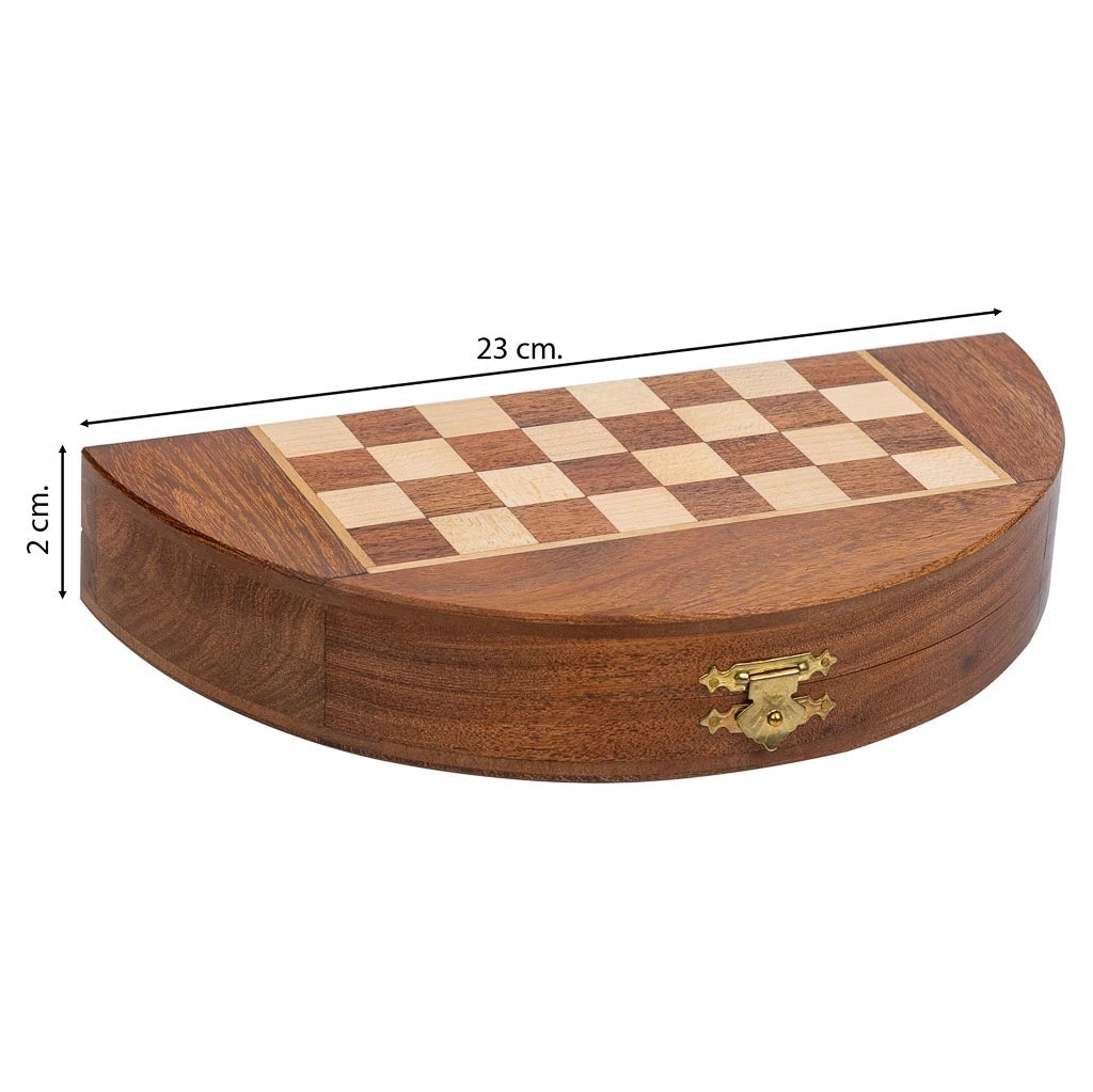 Scacchi magnetici con scatola semirotonda in legno marrone d23x2h