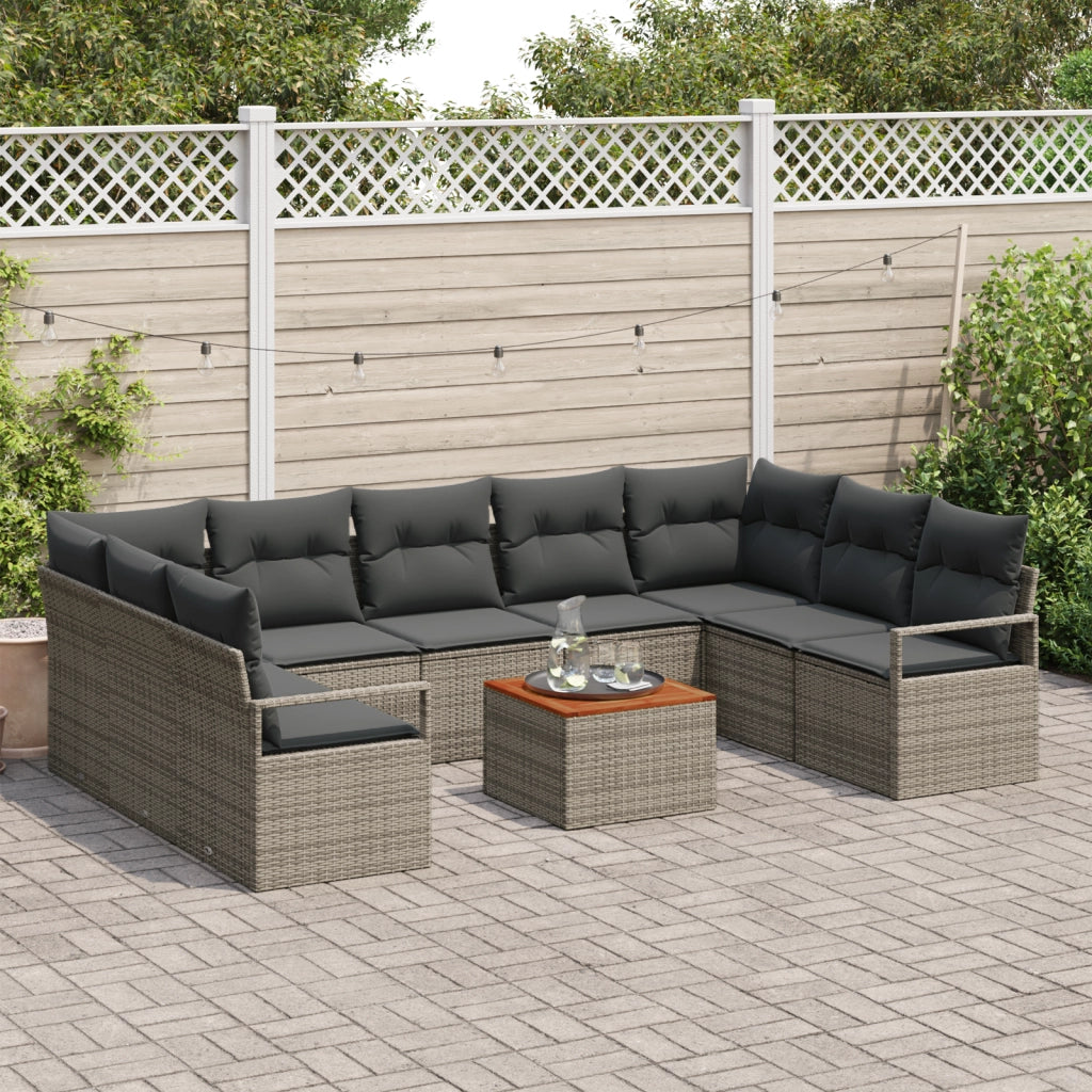 Set di divano da giardino in 10 pezzi con cuscini grigi in polyrattan acacia