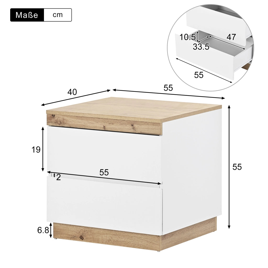 Comodino classico con 2 cassetti, finitura bianco e rovere, in truciolare E1, per camera da letto