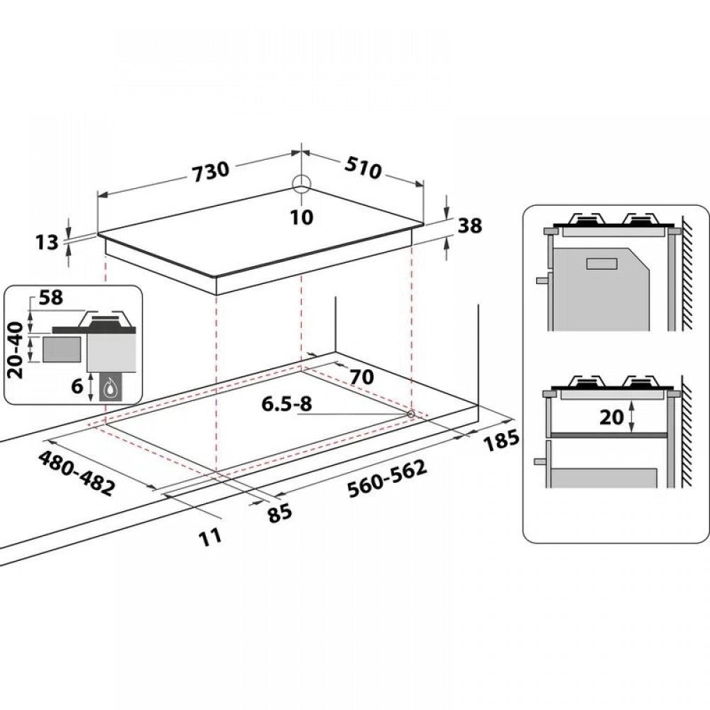 Indesit thp 752 w/ix/i piano cottura 75cm a gas, colore inox, 5 fuochi, comandi frontali