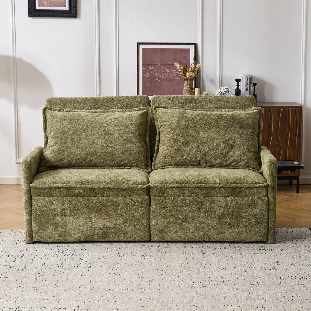 Divano Letto con Contenitore ¨C MINIMAL ¨C Chenille Verde, Schienale Regolabile 5 Posizioni, USB
