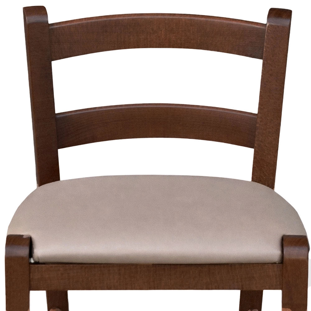 Sgabello in legno noce scuro h 67 cm con seduta imbottita in similpelle tortora