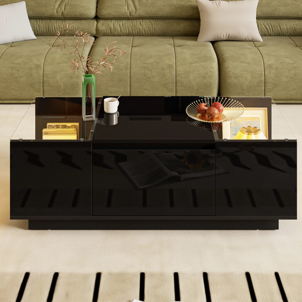Tavolino da salotto 105x50x35 cm con LED; 2 cassetti; vetro; pannello truciolare nero