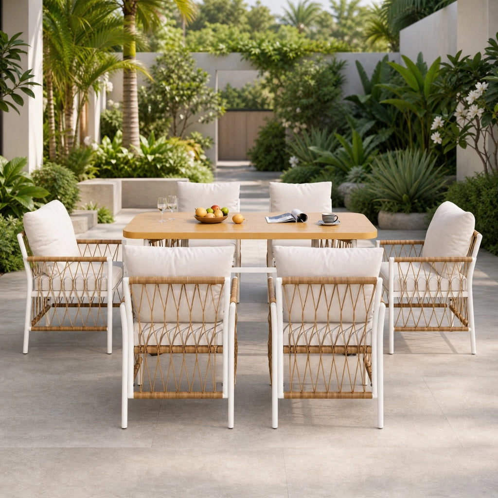 Set da pranzo da giardino 1 tavolo e 6 sedie; struttura in ferro; beige e marrone naturale