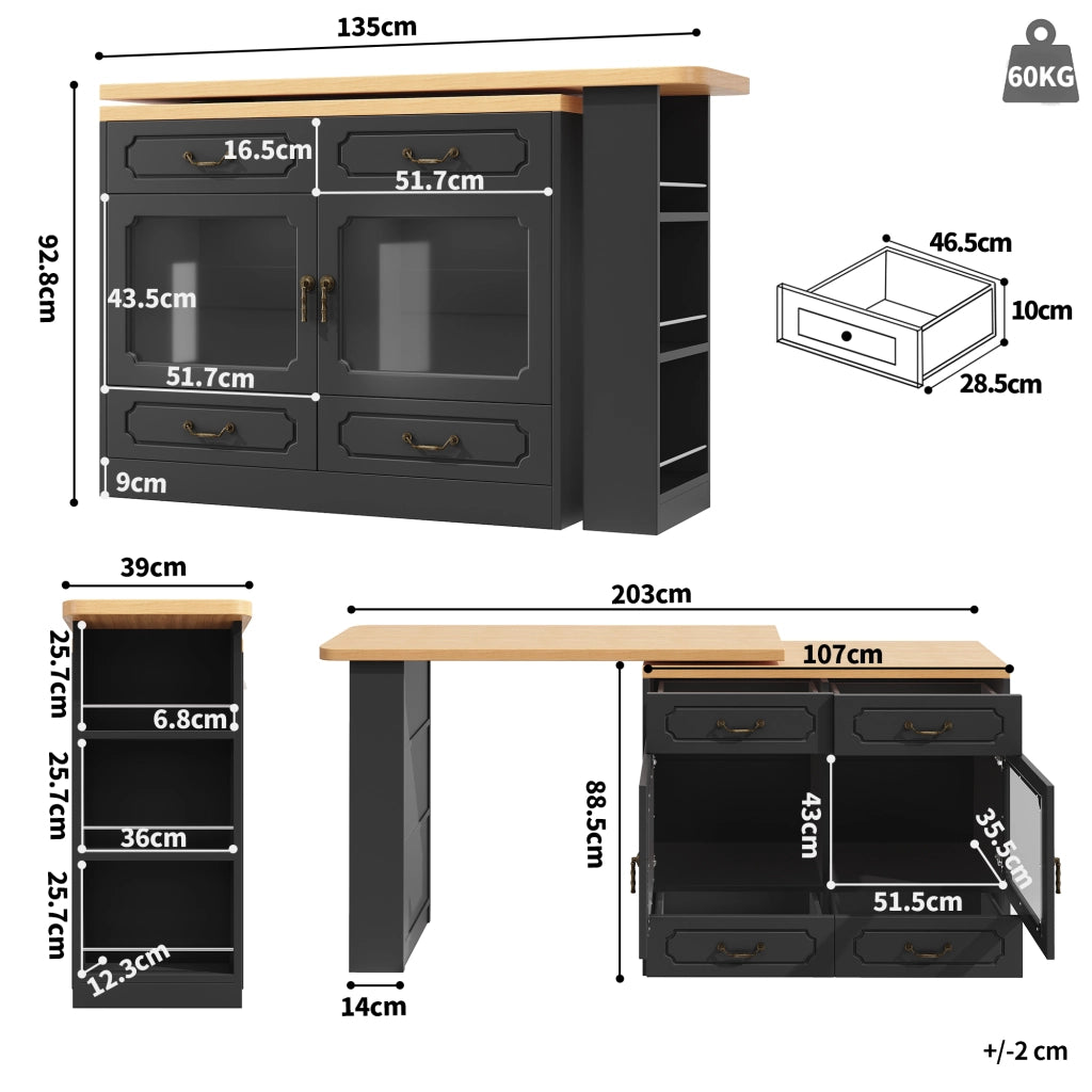 OKWISH Tavolo Bar Allungabile con 4 Cassetti, Ripiano Laterale, Piano Girevole e LED, MDF, Nero, 135 x 39 x 92.8 cm