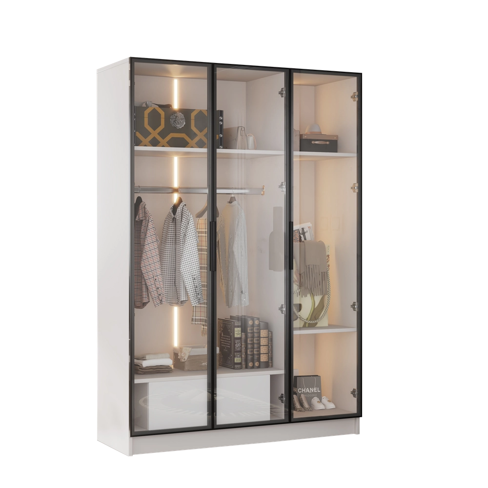 Armadio con Ante in Vetro Scorrevoli e Cassetto con LED ¨C MINIMAL ¨C Bianco, 110x50x160