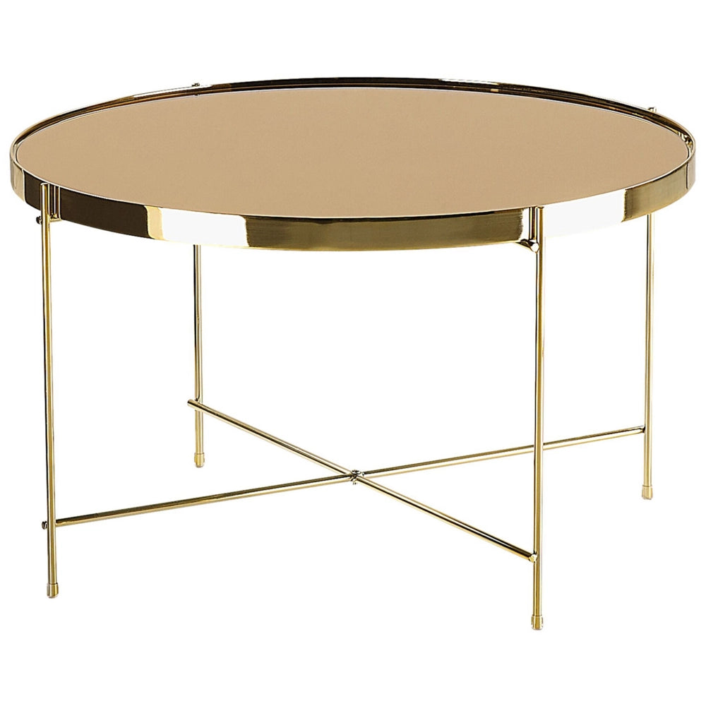 Tavolino Piano In Vetro Temperato Marrone Dorato Gambe In Metallo dorato Rotondo Glam Lucido