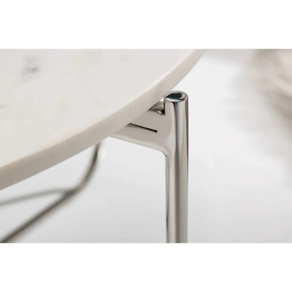 Tavolino basso rotondo VINTORA in marmo bianco e metallo argentato – tavolino pieghevole di design moderno ed elegante