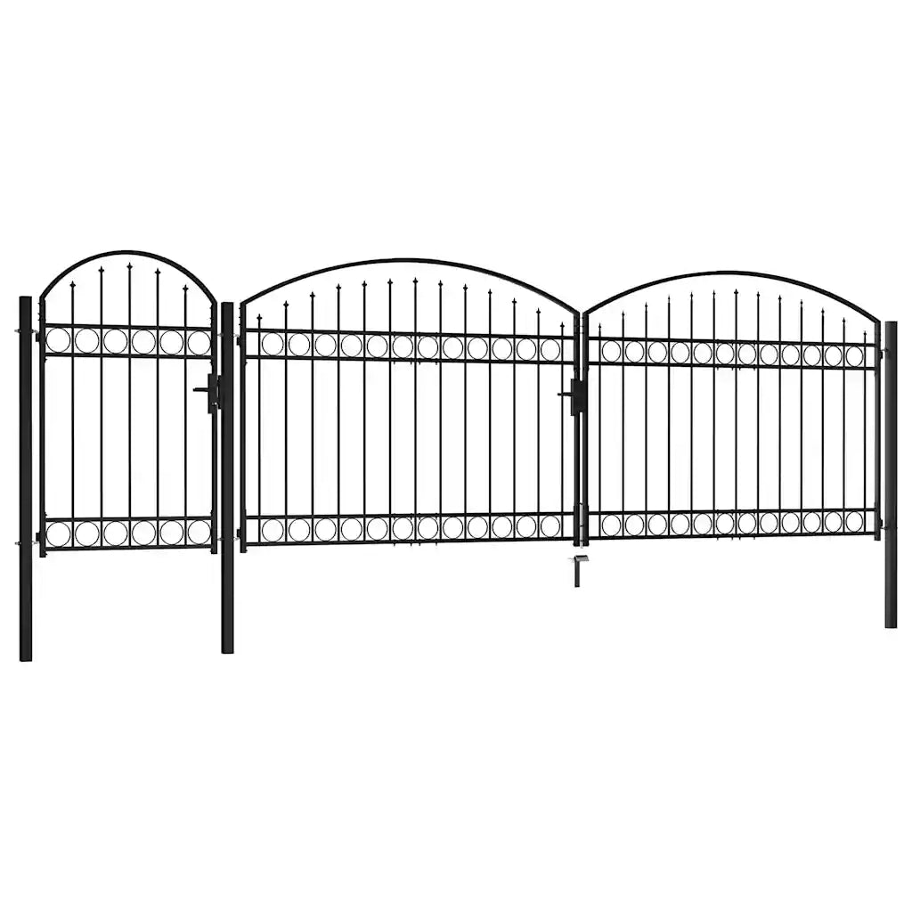 Cancello per recinzione da giardino ASSEN con parte superiore ad arco in acciaio 1,25x5 m Nero 144371