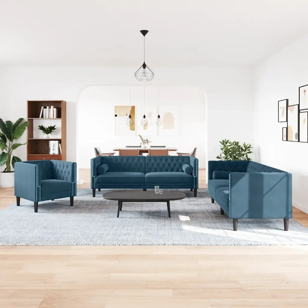 vidaXL Set Divani Chesterfield 3pz con Cuscini Blu Velluto