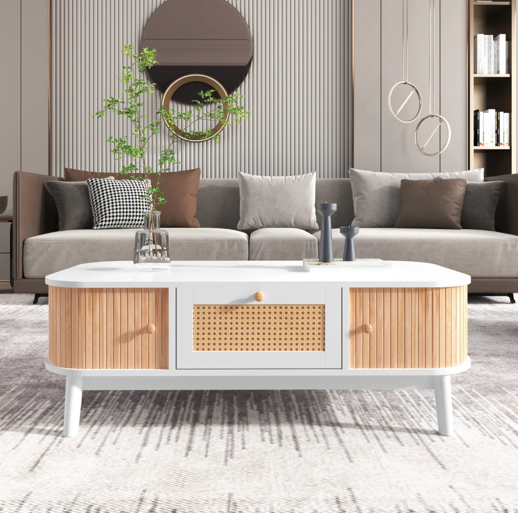 Tavolino da caffè con vano contenitore 110x55x38;5 cm; bianco e legno; in MDF