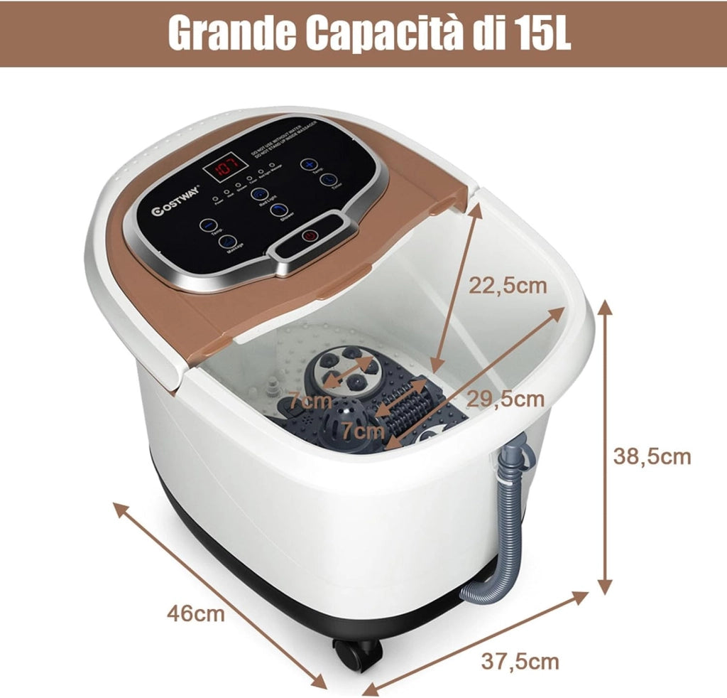 Idromassaggio per Piedi, Pediluvio Massaggiatore Plantare Massaggio Shiatsu, con Funzione Calore Timer e Rulli Luce a Infrarossi, Idromassaggiatore 15L (Marrone)