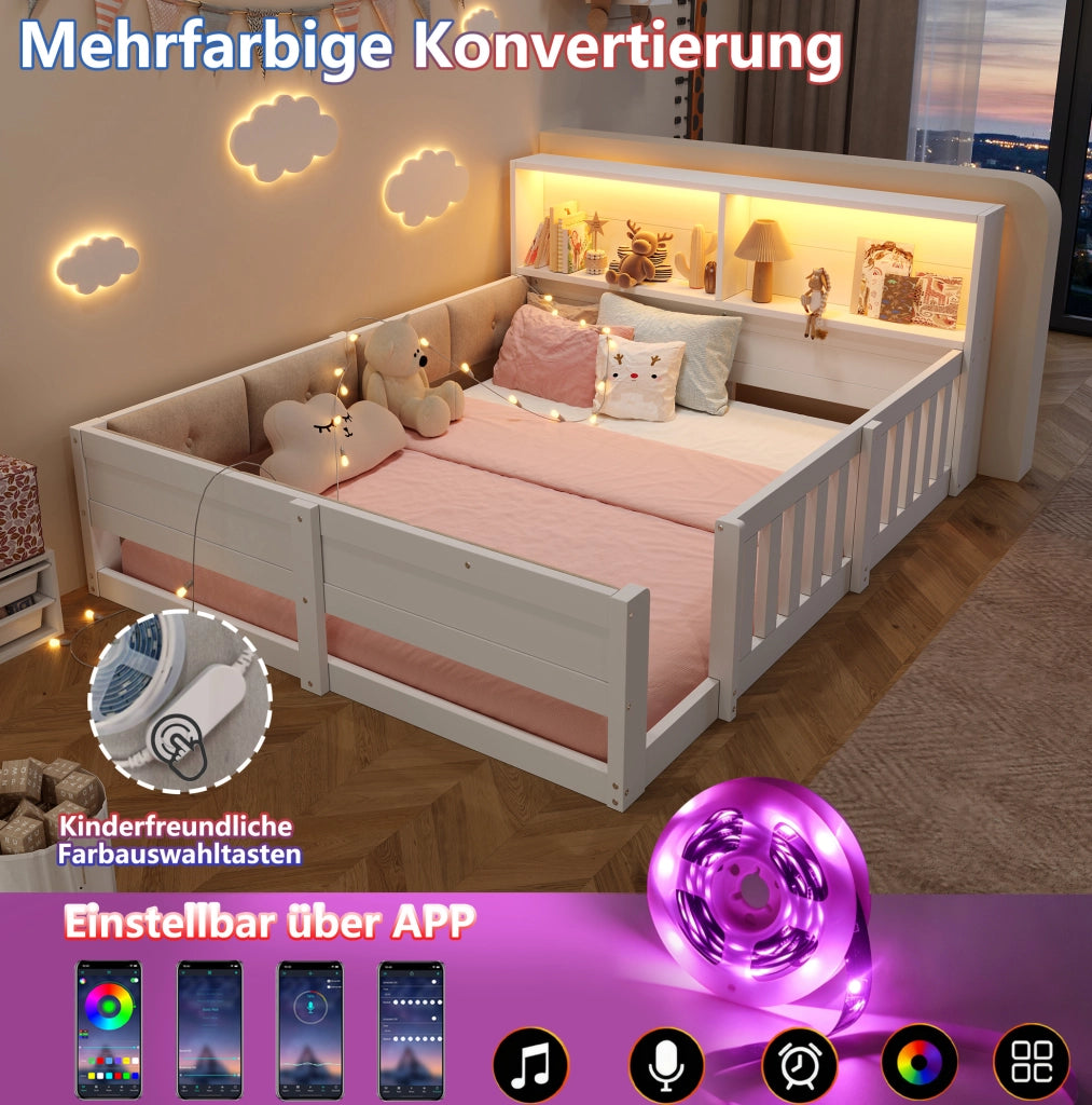 Letto per bambini 140 x 200 cm con sponde, LED e contenitori