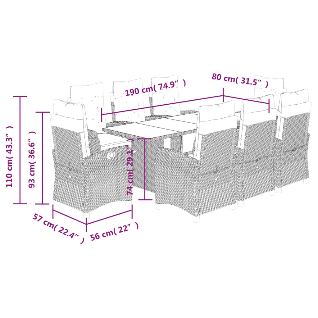 Set Pranzo da Giardino 9 pz con Cuscini Beige Misto Polyrattan 3212929
