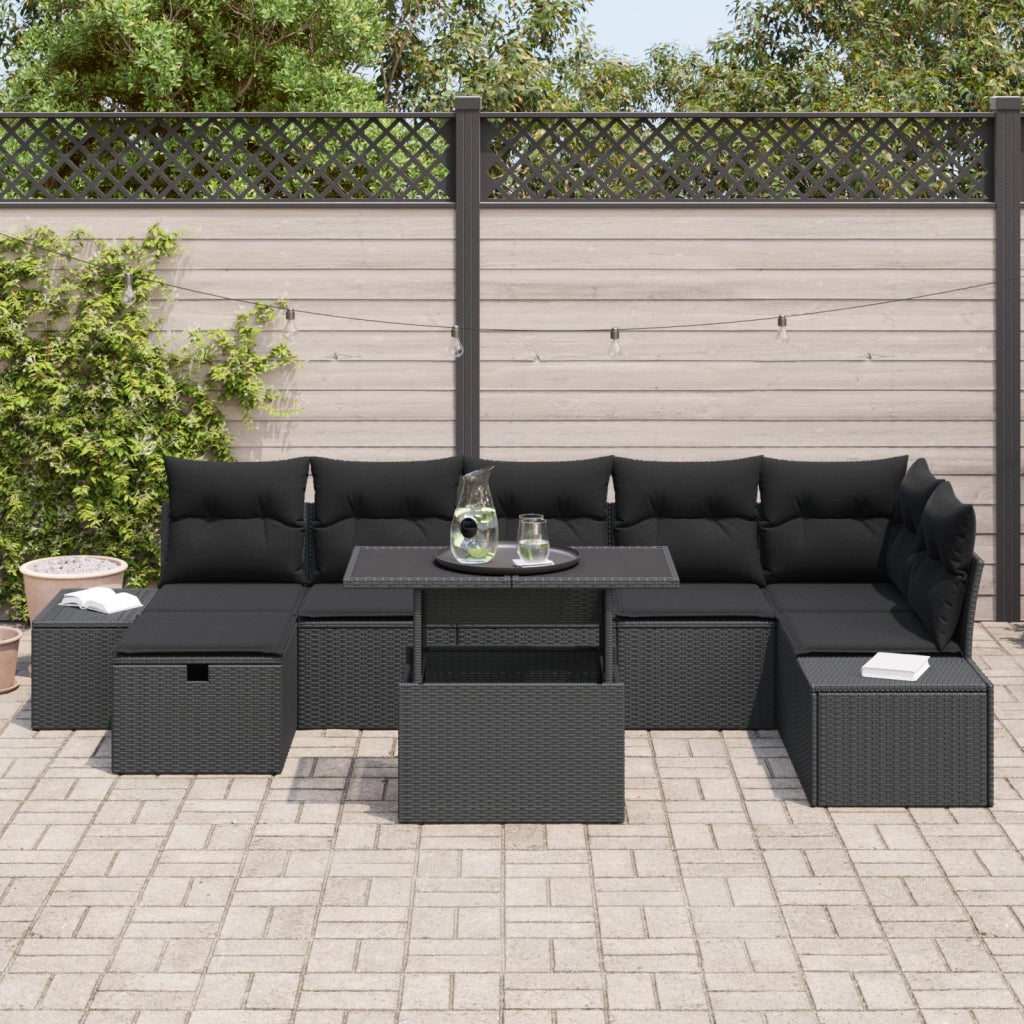 Set Divano da Giardino da 8 Pezzi con Cuscini Nero in Polyrattan