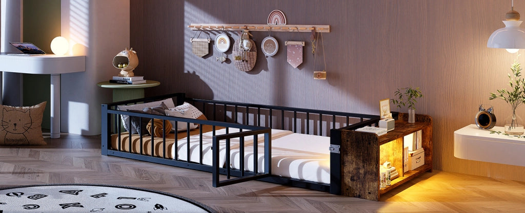 Letto singolo 90x200 cm in metallo e MDF; nero; con sponda di sicurezza; ripiano e LED
