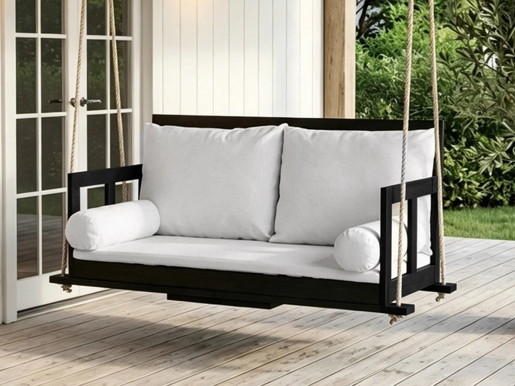 OKWISH Poltrona sospesa doppia con Cuscini e Braccioli, Giardino e Terrazza, Legno di acacia e Poliestere Nero