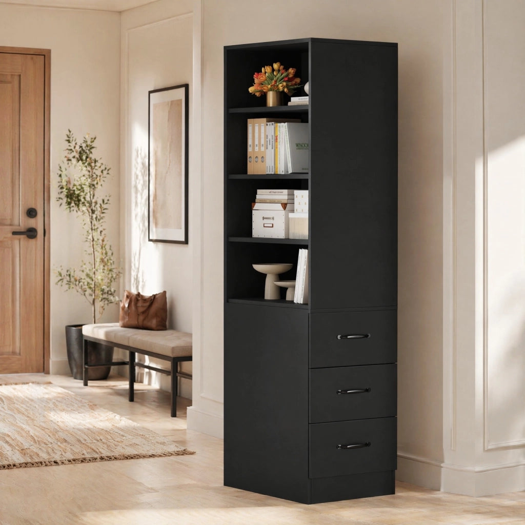 Libreria alta e stretta 180 cm con cassetti laterali, 4 vani aperti e ripiani regolabili, colore nero