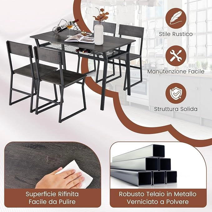 Set da Tavolo e Sedie da Pranzo, Tavolo da Pranzo con 4 Sedie Industriale, Set 5 Pezzi Mobili con Mensola Portaoggetti e Telaio in Metallo, per Cucina Sala da Pranzo, 110 x 70 cm (Grigio)