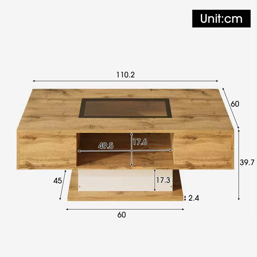 Tavolino da caffè con LED regolabile, vetro e 2 cassetti, 110,2 cm