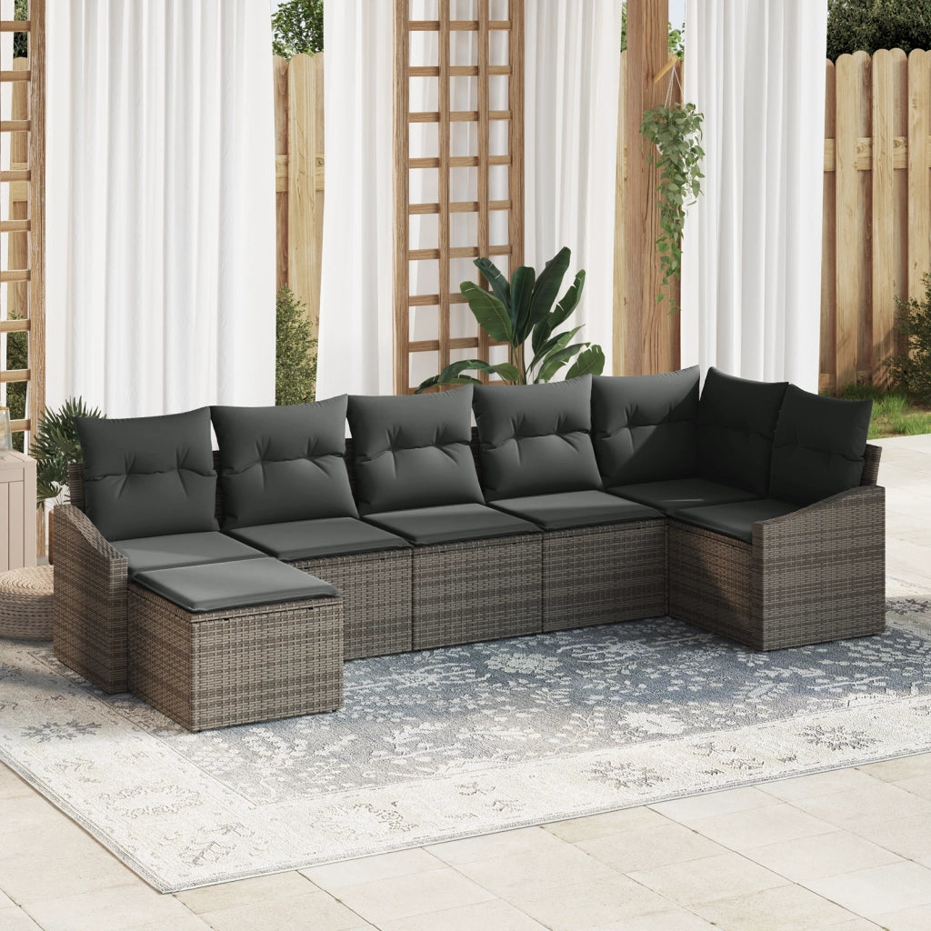 Set Divano da Giardino 7 Pezzi con Cuscini Rattan Grigio Poliestere