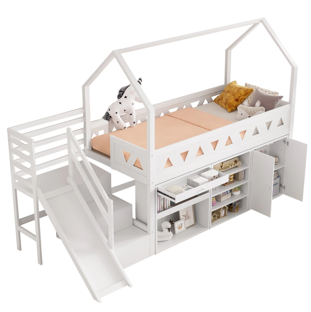 Letto per bambini multifunzionale con scivolo, scale e contenitori 90x200 cm