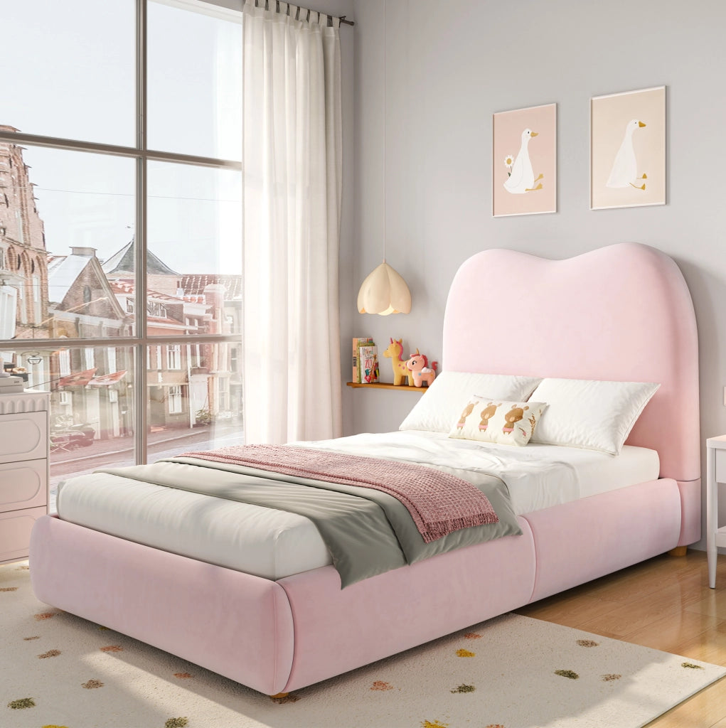 Letto imbottito per bambini in velluto rosa con contenitore idraulico e rete a doghe