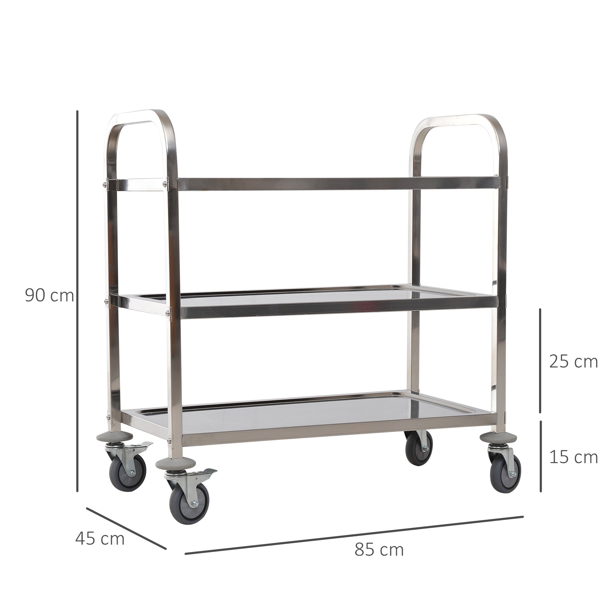 Carrello Portavivande da Cucina 3 Ripiani in Acciaio Inox 85x45x90 cm