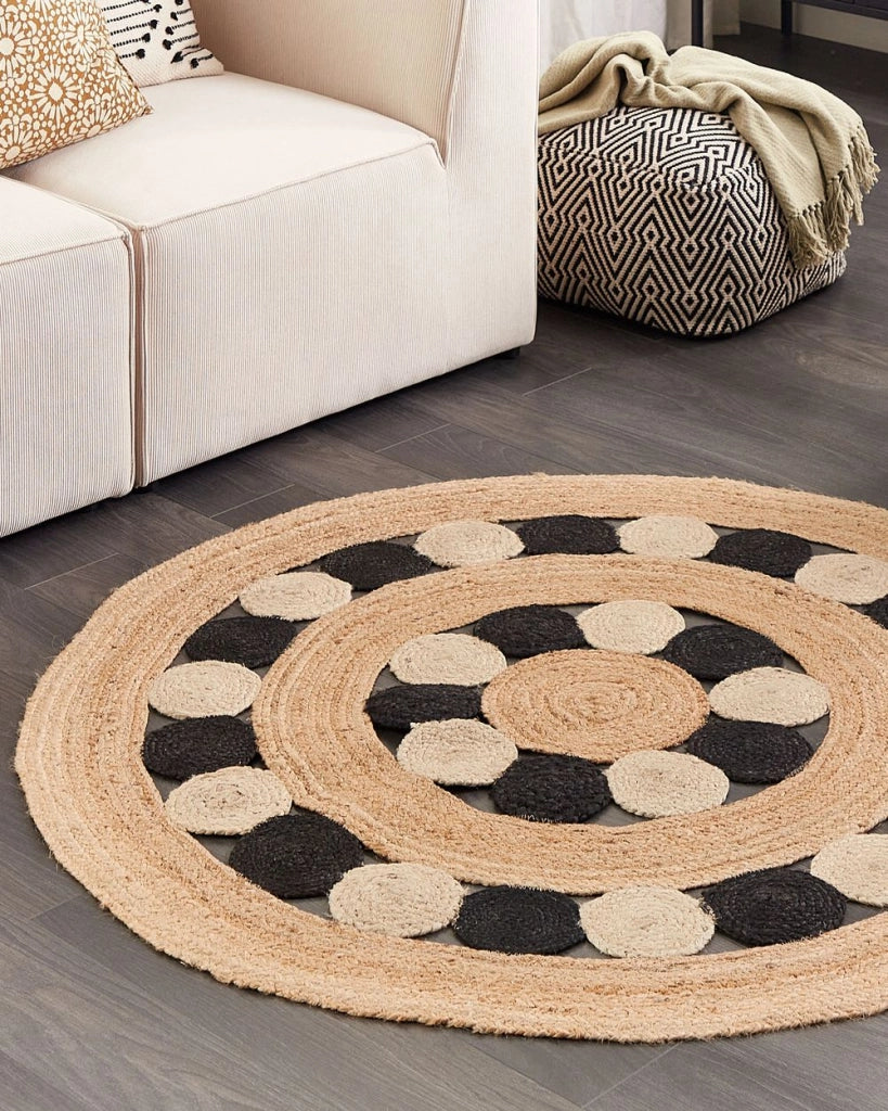 Tappeto beige e nero rotondo 140 cm Boho Rustico a spirale intrecciato fatto a mano Juta naturale Camera da letto Soggiorno