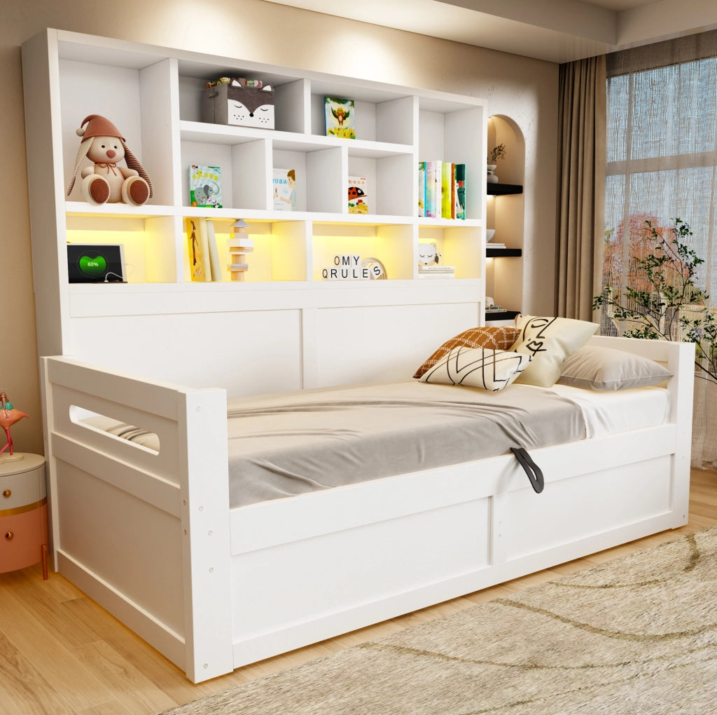 Letto singolo multifunzione ULEVR 90x200 cm con vano idraulico, LED e prese, MDF bianco