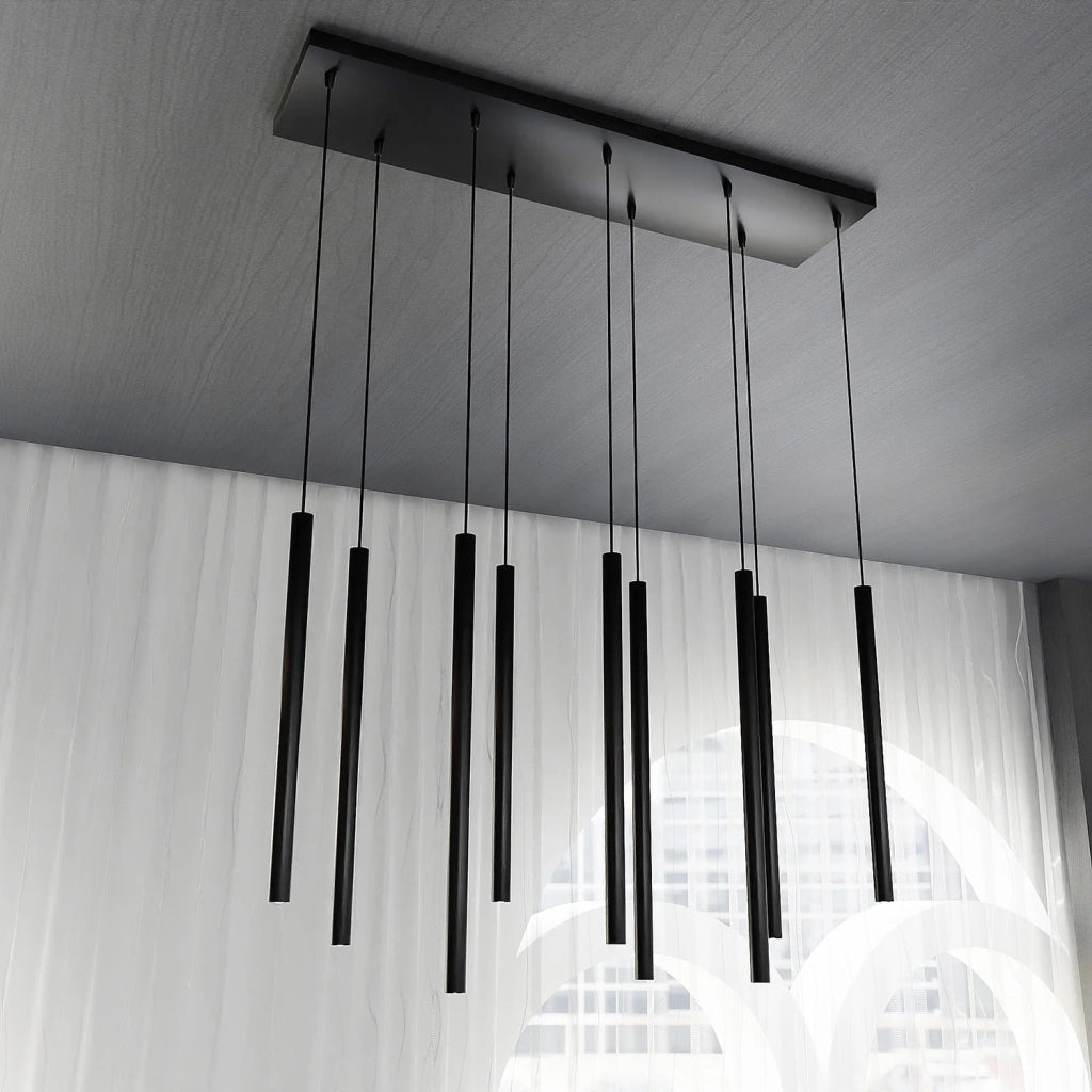 Lampadario 9 Luci Moderno Shu Acciaio Nero E Paralumi A Cilindri Sottili