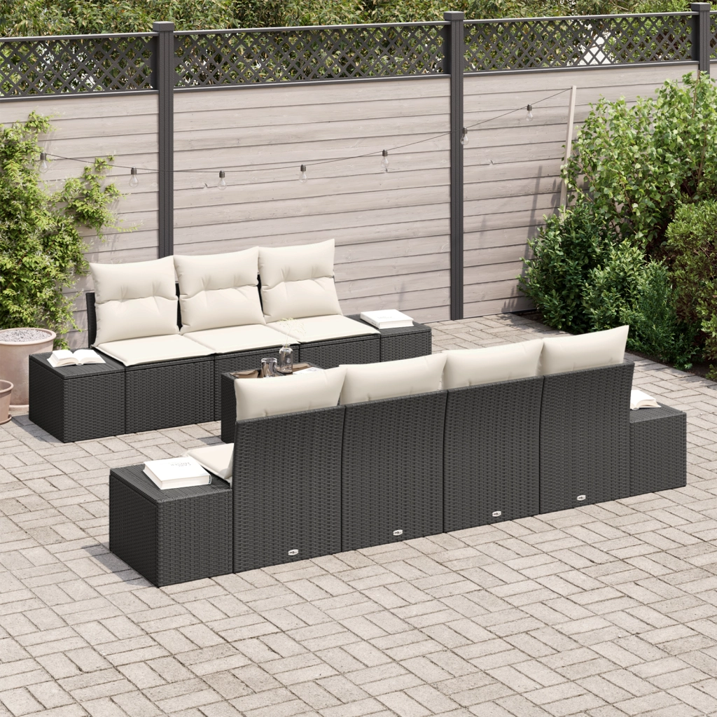 Set Divano da Giardino 8 Pezzi con Cuscini Nero Rattan Poli