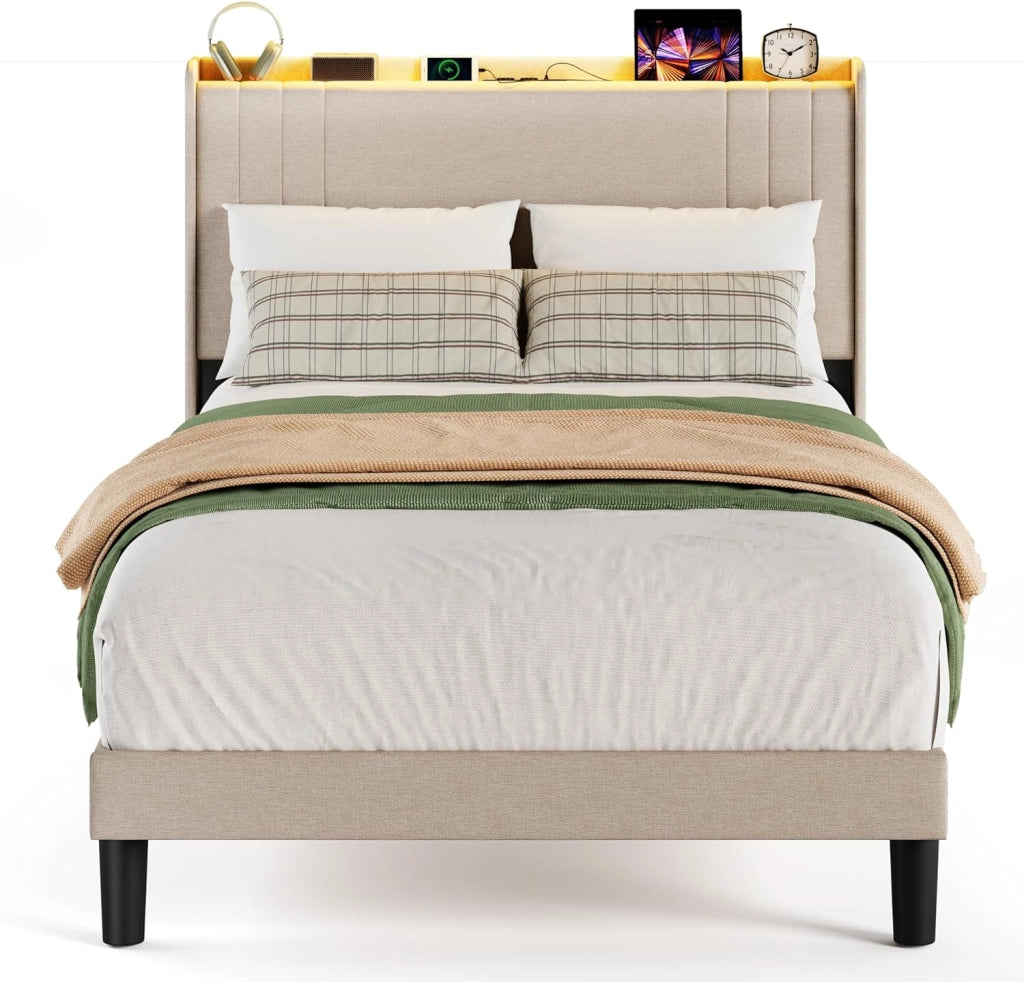 Letto imbottito con luce LED 120 x 200 cm，Piattaforma Struttura letto (2 Prese CA 2 Porte USB), Per le camere degli ospiti e le camere da letto (Beige, 120 x 200 cm)