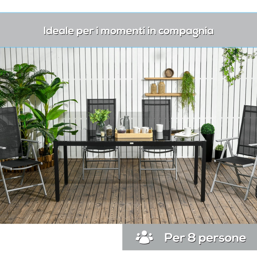 Easycomfort Tavolo da Giardino Rettangolare per 8 Persone in Alluminio e Vetro, 180x80x72cm, Nero