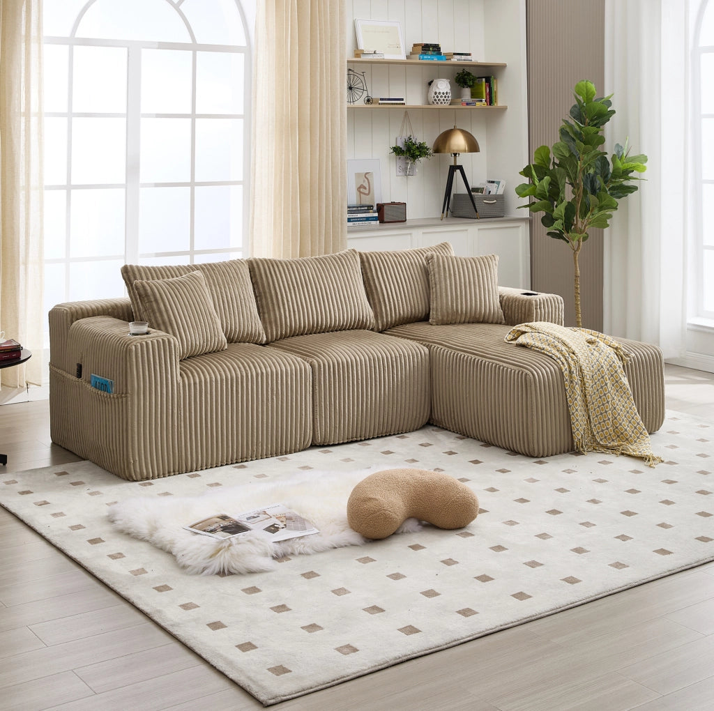 Divano modulare con chaise longue e 2 posti; rivestimento in velluto a coste color khaki; 257 cm