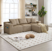 Divano modulare con chaise longue e 2 posti; rivestimento in velluto a coste color khaki; 257 cm