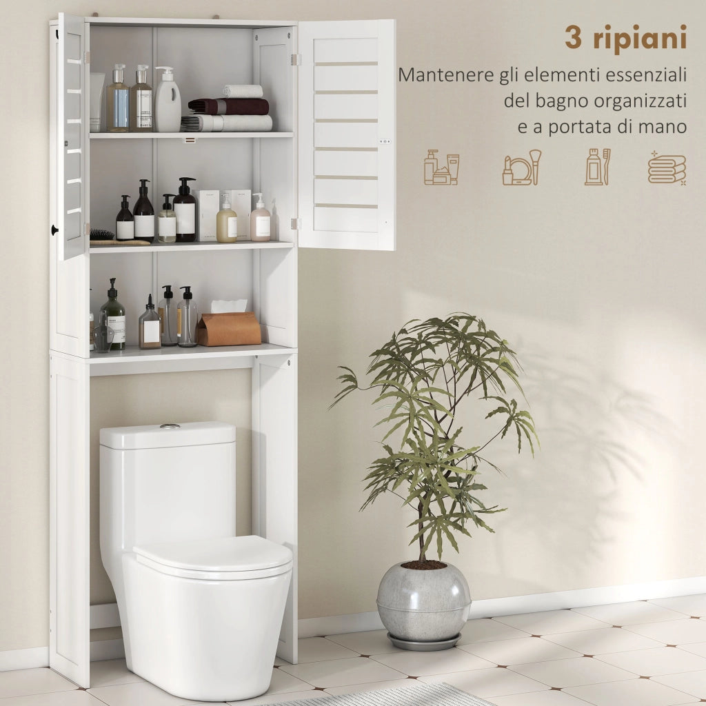 Mobile Sopra WC con Armadietto a 2 Ante e Ripiano Aperto. in Legno Bianco. 67x31.5x190 cm